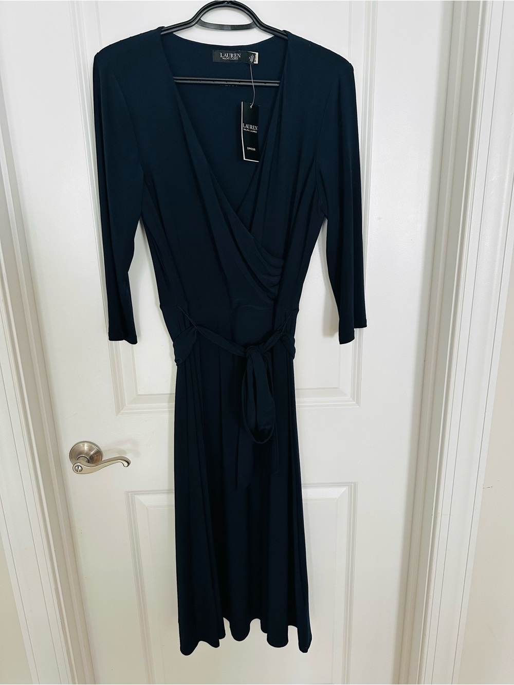 Ralph Lauren Navy Wrap Midi Dress with Tie Waist